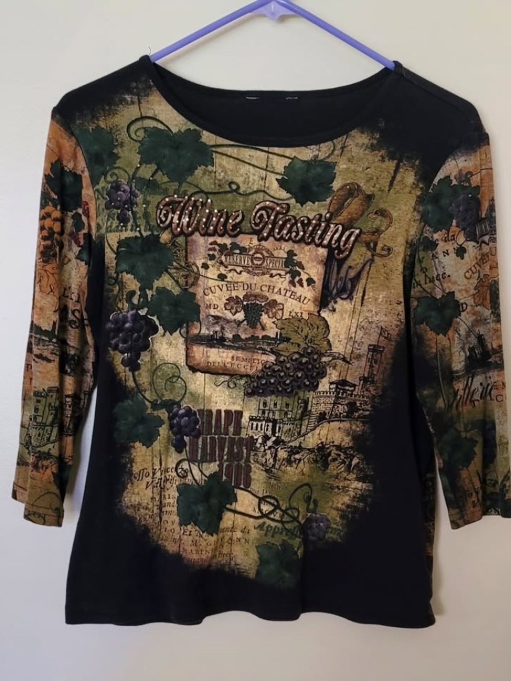 Cactus Wine Tasting Bling 3/4 Sleeve Shirt Top Y2K Sz M